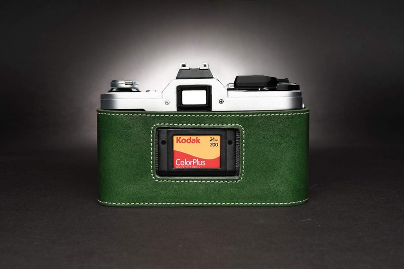 BolinUS A-1 Case, BolinUS Handmade Genuine Real Leather Half Camera Case Bag Cover for Canon AE-1 A-1 (NO Handle) Camera with Hand Strap (Green) - Image 4