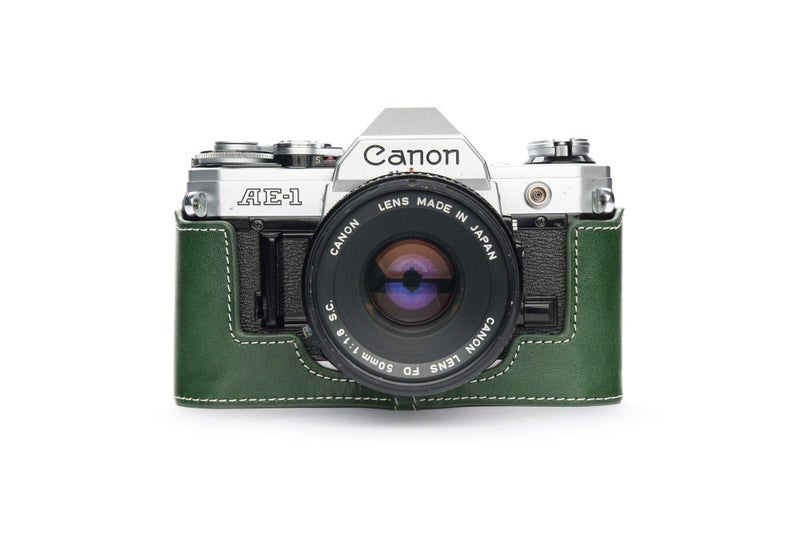 BolinUS A-1 Case, BolinUS Handmade Genuine Real Leather Half Camera Case Bag Cover for Canon AE-1 A-1 (NO Handle) Camera with Hand Strap (Green) - Image 1
