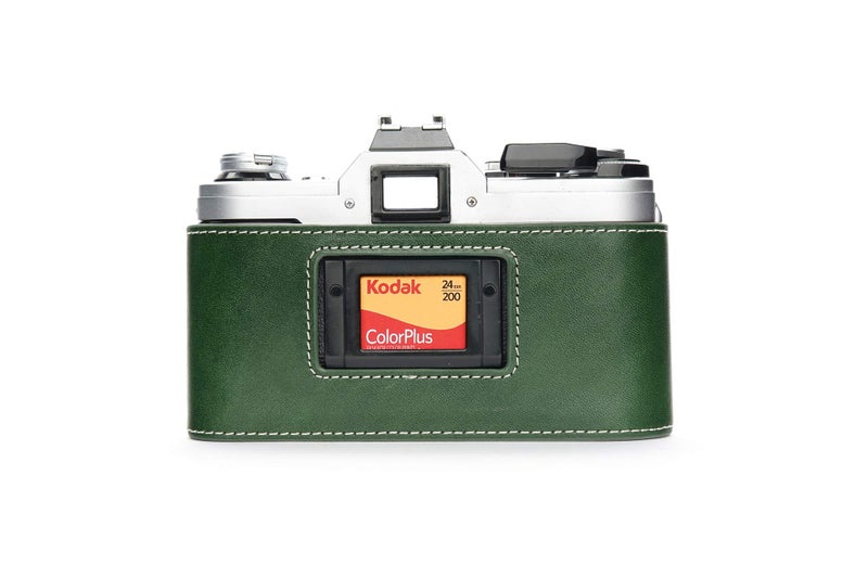 BolinUS A-1 Case, BolinUS Handmade Genuine Real Leather Half Camera Case Bag Cover for Canon AE-1 A-1 (NO Handle) Camera with Hand Strap (Green) - Image 2