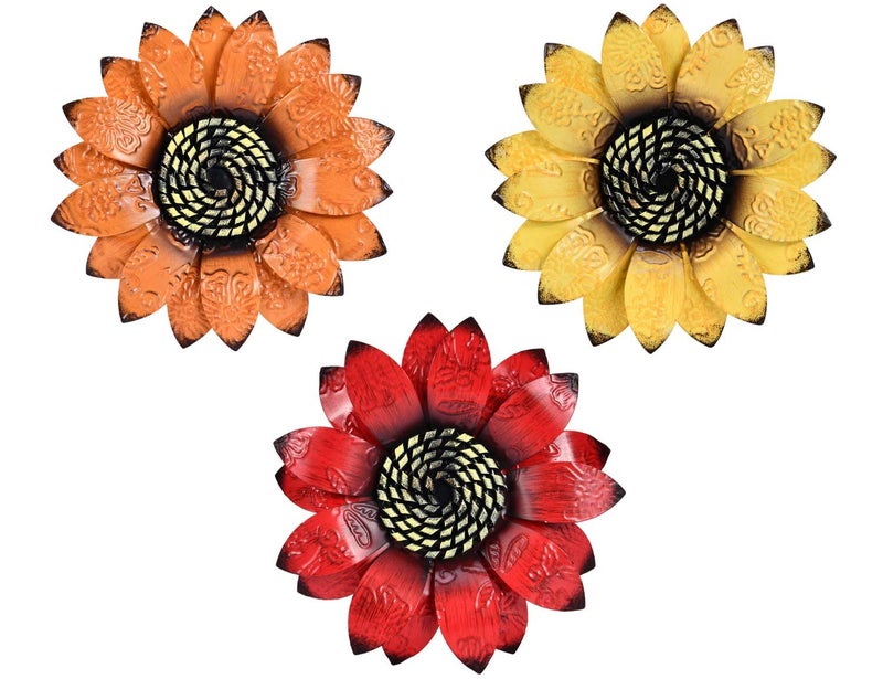 YEAHOME Sunflower Wall Decor - 9 inch Metal Flower Wall Art Decorations, Sunflower Yard Garden Decor Hanging for Kitchen, Bathroom, Bedroom, Set of 3 Handmade Gift for Home, Indoor or Outdoor - Image 1