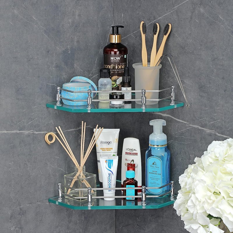 FORTUNE Wall Mounted Diamond Transparent Glass Corner Shelf Bathroom Shelves Corner Stand for Bathroom Racks Bathroom Accessories for Homes Hotels 9 X 9 Inch Pack of 2 - Image 3
