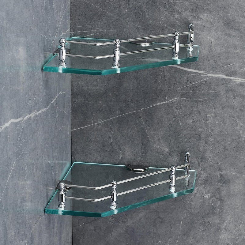 FORTUNE Wall Mounted Diamond Transparent Glass Corner Shelf Bathroom Shelves Corner Stand for Bathroom Racks Bathroom Accessories for Homes Hotels 9 X 9 Inch Pack of 2 - Image 2
