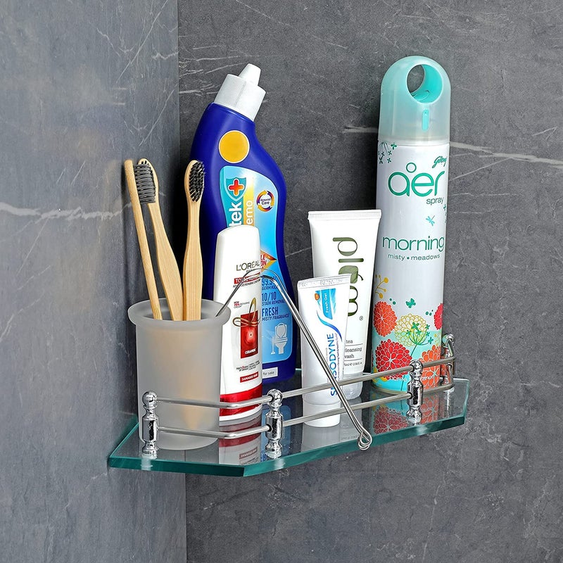 FORTUNE Wall Mounted Diamond Transparent Glass Corner Shelf Bathroom Shelves Corner Stand for Bathroom Racks Bathroom Accessories for Homes Hotels 9 X 9 Inch Pack of 2 - Image 5