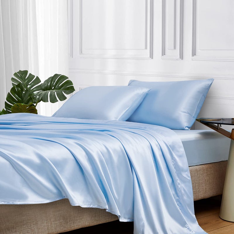 MRHM Satin Bed Sheets Queen Size Sheets Set 4 Pcs Silky Bedding Set with 15 Inches Deep Pocket for Mattress Queen Light Blue
