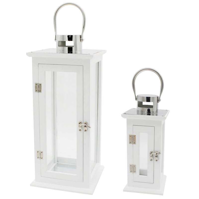 CVHOMEDECO. CVHOMEDECO Decorative Elegant Wood Hurricane Candle Lantern with Stainless Top and Glass Inserts for Home Patio Outdoor Decor White Set of 2 