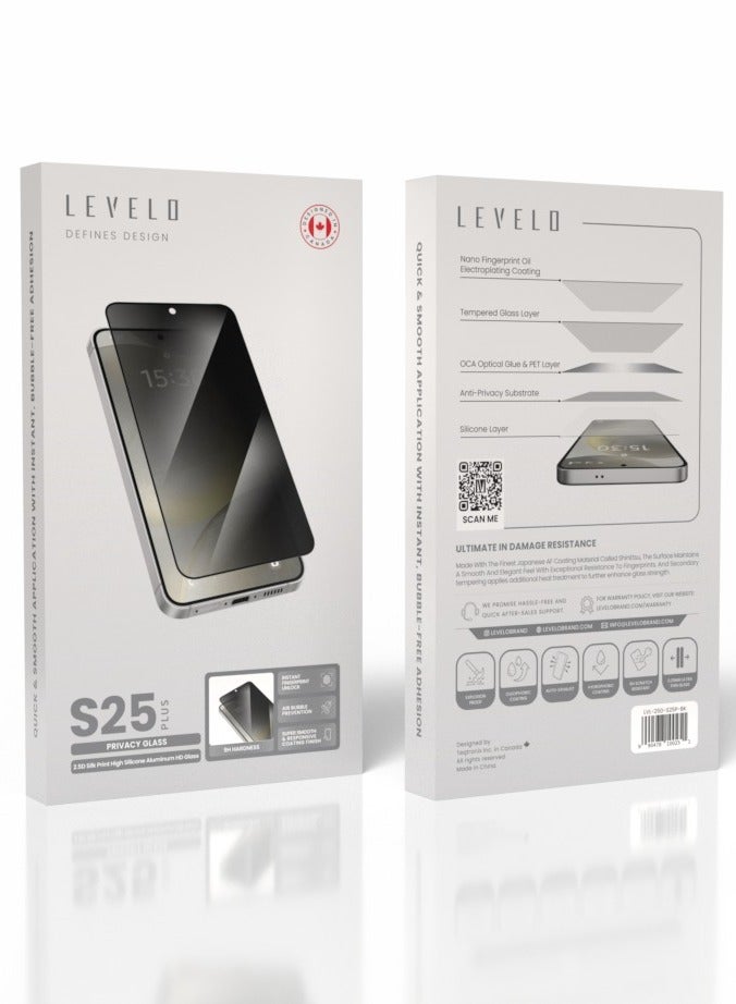 LEVELO S25 Plus Privacy Screen Protector 2.5D Silk Print High Silicone Aluminum Ultra-Thin Glass / Super Smooth & Responsive Coating Finish / Air Bubble Prevention / Instant Fingerprint Unlock - Black - Image 2