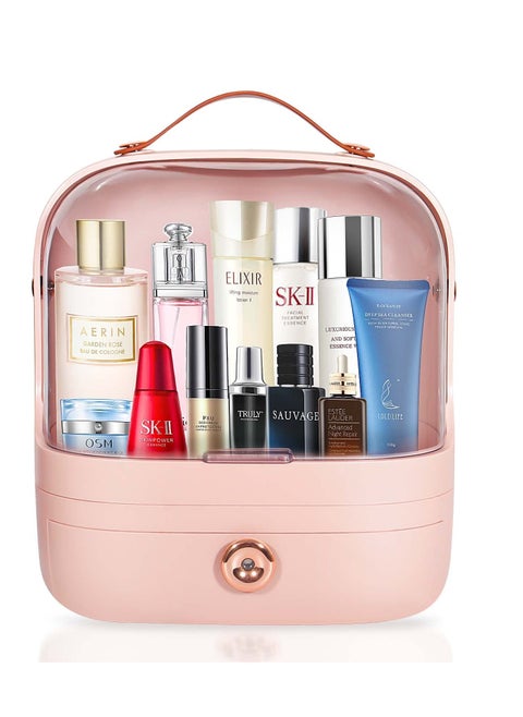 Elegant Pink Makeup Organizer - Portable Multi-Function Dustproof Storage Box with Handle for Cosmetics & Jewelry Display