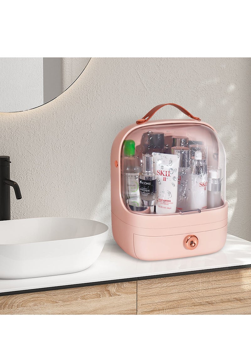Elegant Pink Makeup Organizer - Portable Multi-Function Dustproof Storage Box with Handle for Cosmetics & Jewelry Display
