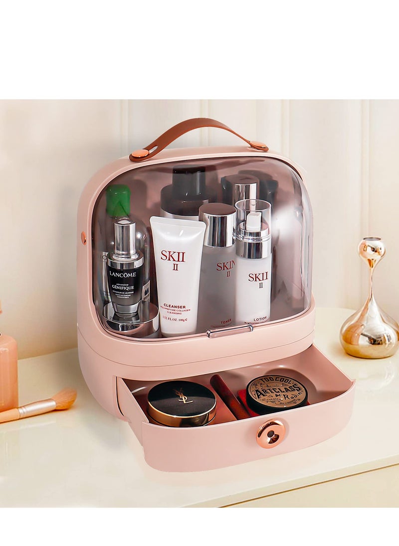 Elegant Pink Makeup Organizer - Portable Multi-Function Dustproof Storage Box with Handle for Cosmetics & Jewelry Display