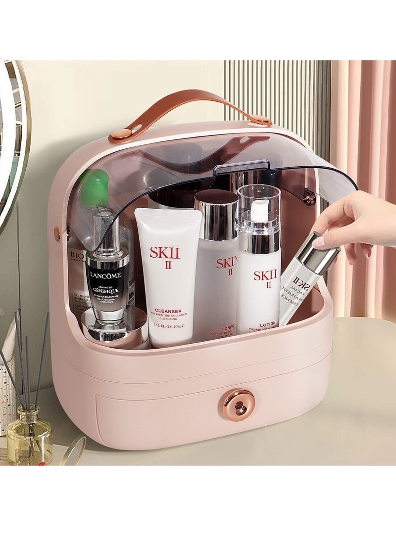 Elegant Pink Makeup Organizer - Portable Multi-Function Dustproof Storage Box with Handle for Cosmetics & Jewelry Display