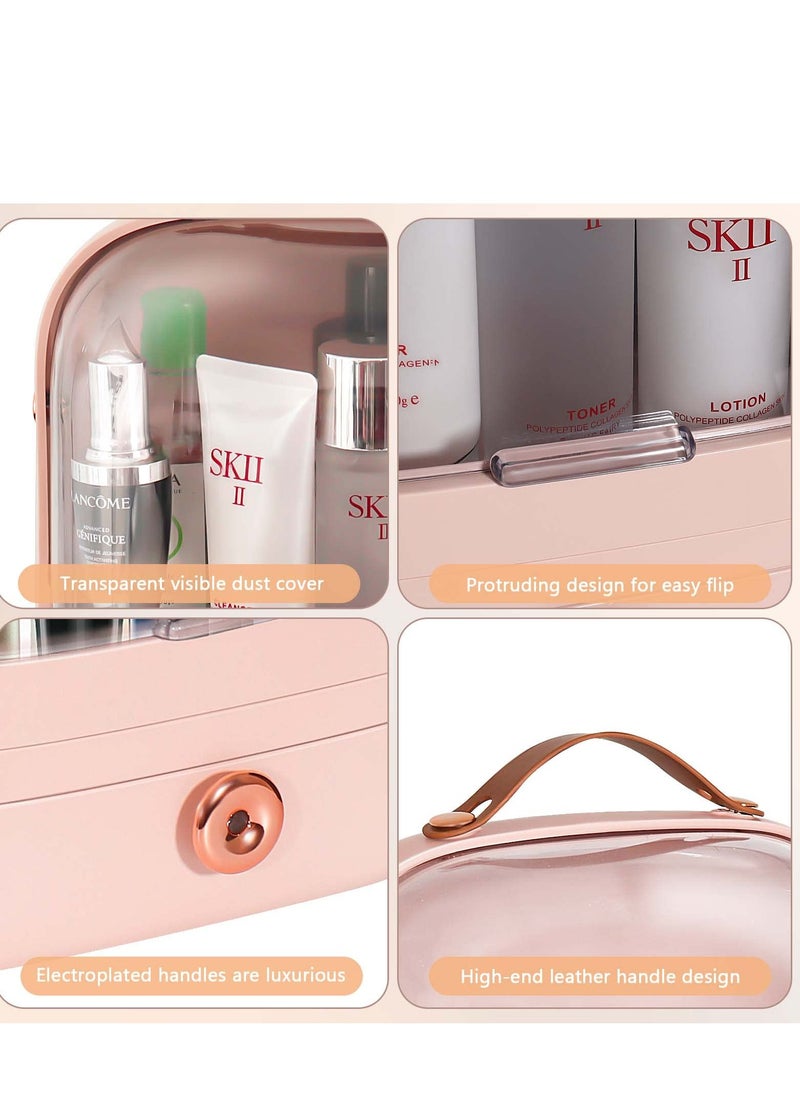 Elegant Pink Makeup Organizer - Portable Multi-Function Dustproof Storage Box with Handle for Cosmetics & Jewelry Display