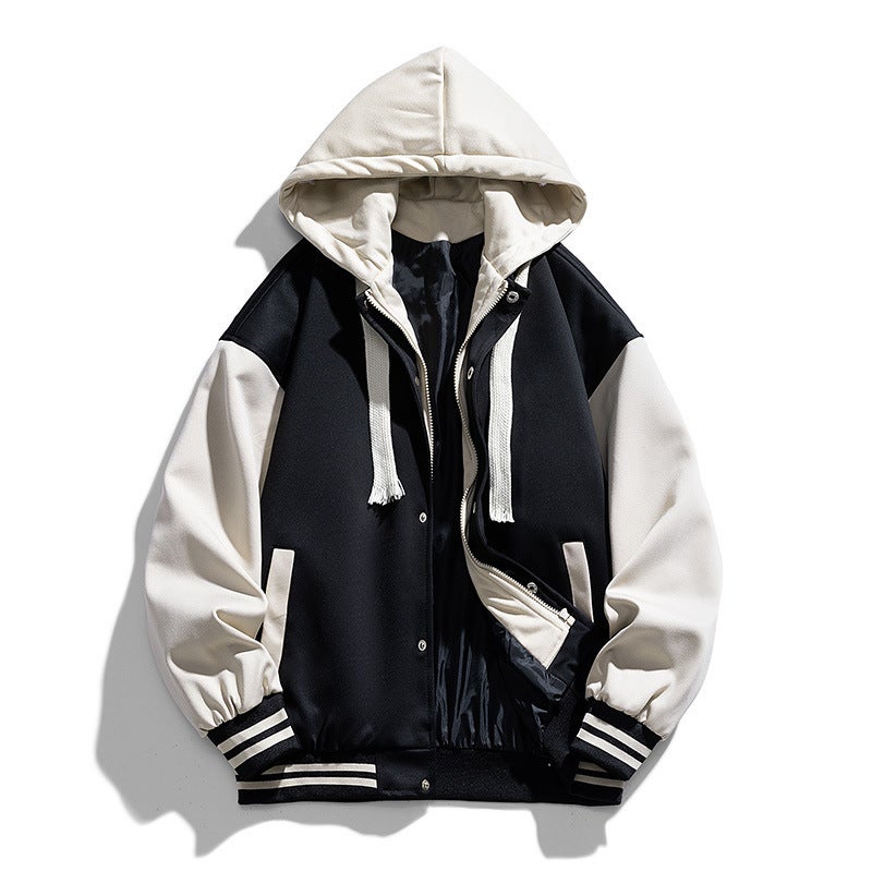 Fall/winter 2023 regular fleece-lined cotton-padded jacket casual jacket mens baseball uniform fleece-lined plus cotton jacket hooded mens fake two Black [regular style]