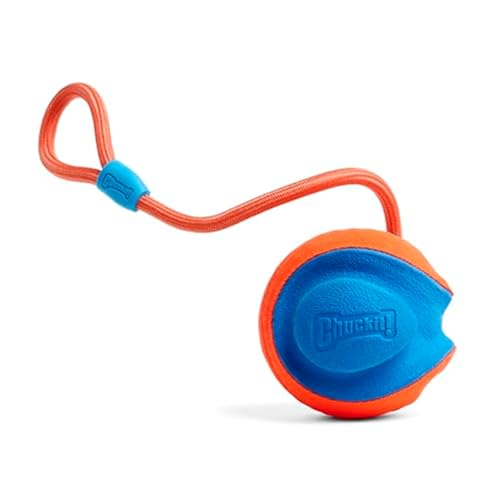 Chuckit Rope Fetch Dog Toy Ball on Rope Fetch and TugofWar Toy for Dogs Durable EVA Rubber Construction 55inch Diameter 18inch Rpe Orange and Blue - Image 1