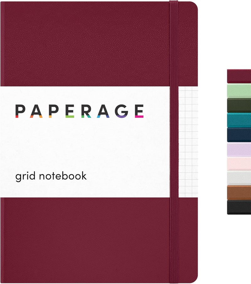 ببرج دفتر يوميات PAPERAGE بورق مخطط، (بورجوندي)، 160 صفحة، مقاس متوسط 5.6 بوصة × 8 بوصة - ورق سميك 100 جرام – دفتر شبكي بغلاف صلب للعمل أو المدرسة - Image 1