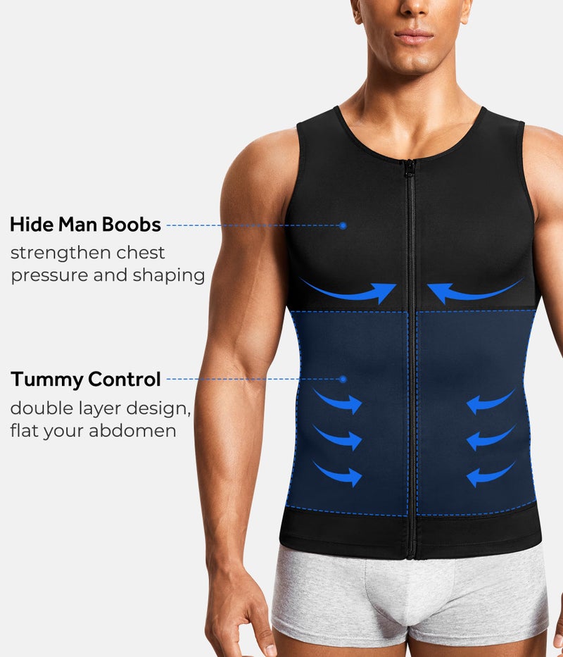 MOLUTAN Mens Compression Shirt Belly Slimming Body Shaper Vest Sleeveless Zipper Undershirt Tank Top Shapewear for Stomach and Back (Black, Large) - Image 2