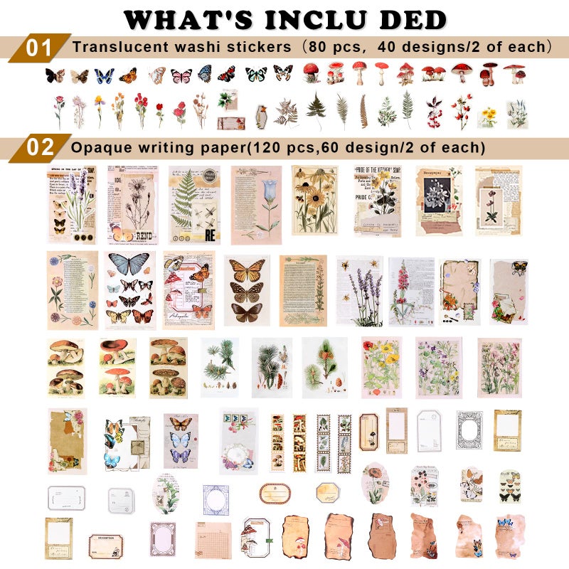 Draupnir 200pcs Vintage Junk Journal Supplies,Scrapbook Supplies Scrapbooking Paper and Stickers Ephemera for Art Aesthetic Journaling Kit Collage(Nature) - Image 2