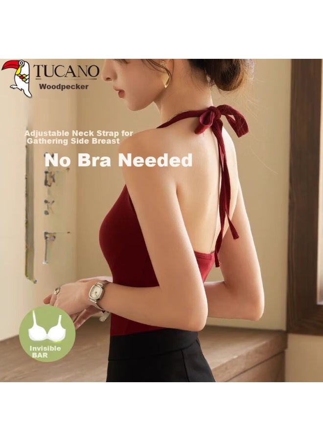 WOODPECKER Wood Vintage Style Caramel Neck-hanging Padded Backless Bra Tank Top For Women XL - Image 2