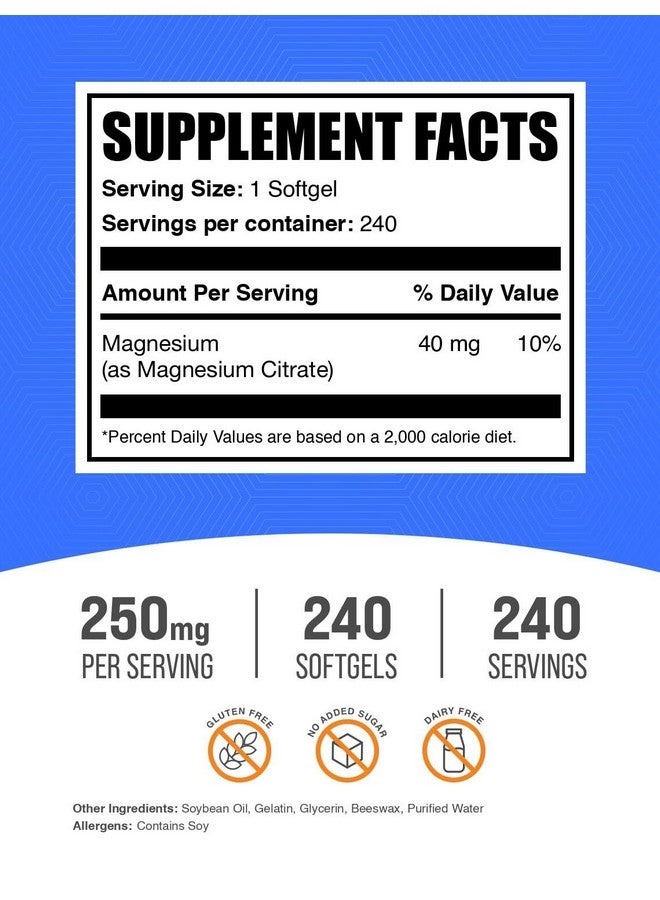 BulkSupplements.com Magnesium Citrate Softgels - Magnesium Supplement, Magnesium Citrate Supplement - 250mg (with 40mg Magnesium), Gluten Free, 1 Softgel per Serving, 240 Count (Pack of 1) - Image 2