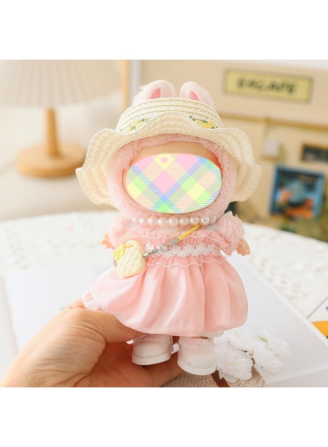 Clothes for Dolls Accessories, Doll Clothes Set for Labubu, Outfit Set 5 Pieces Gauze Dress, for 15cm 17cm (No Dolls), Romantic Hat Skirt Shoes Clothing Replacement Pink - Image 2