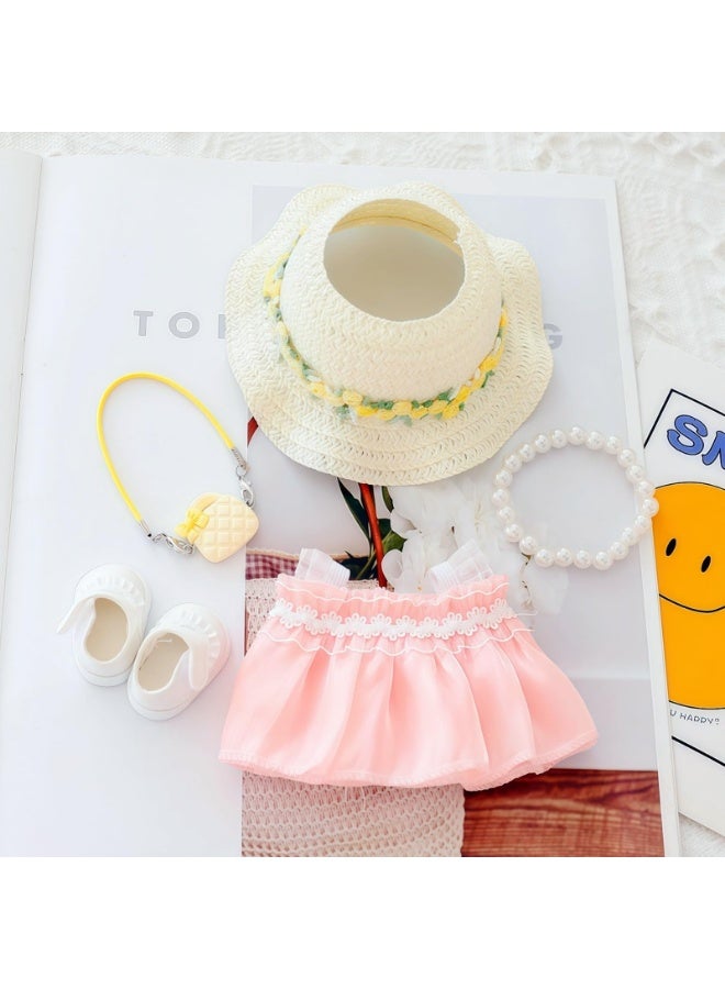 Clothes for Dolls Accessories, Doll Clothes Set for Labubu, Outfit Set 5 Pieces Gauze Dress, for 15cm 17cm (No Dolls), Romantic Hat Skirt Shoes Clothing Replacement Pink - Image 3