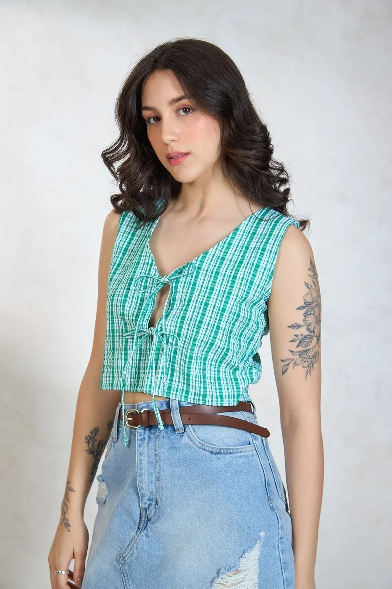 Virgio VIRGIO 100% Cotton Green Top With Front Tie-Up