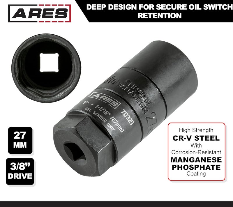 ARES 70321-3/8 بوصة محرك 1 بوصة و 1 1/16 بوصة (27 مم) قابس وحدة إرسال الزيت - تصميم عميق يسمح بالاحتفاظ بمفتاح الزيت - يناسب مفاتيح Weather Pack حتى عمق 2 7/16 بوصة - Image 1