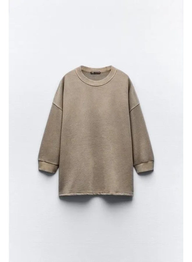 Zara Women's Oversized Drop Shoulder French Terry Sweatshirt – Cotton Blend Casual Comfort Fit Pullover - Image 2