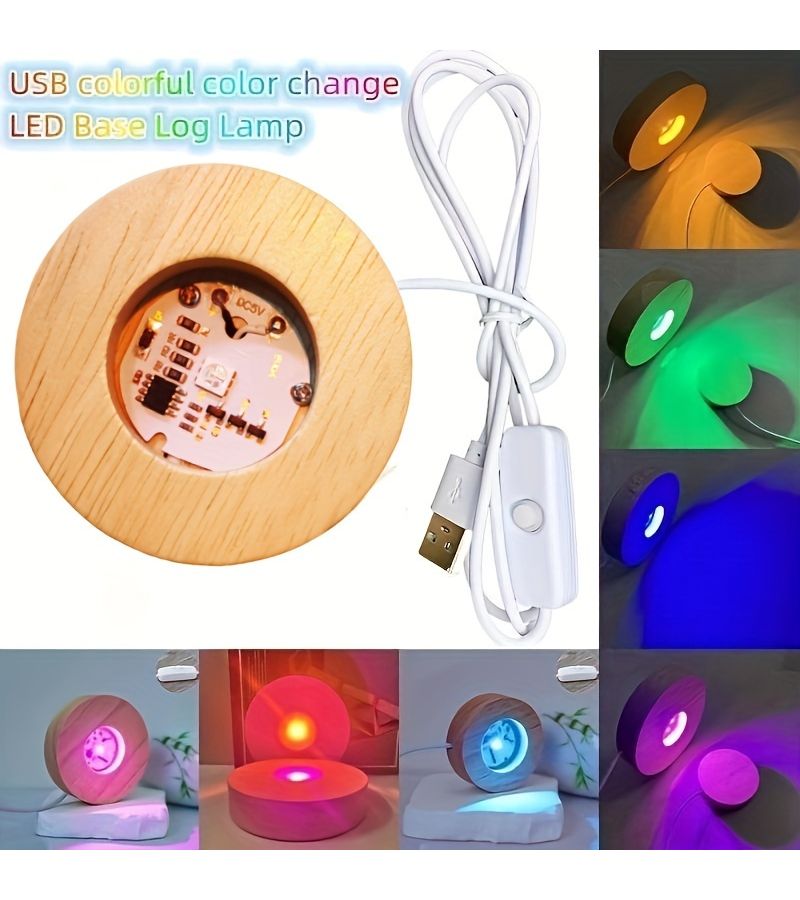 كريستال زجاجي مع قاعدة USB ملونة وحامل خشبي صلب لعرض ضوء LED بألوان متعددة - Image 1