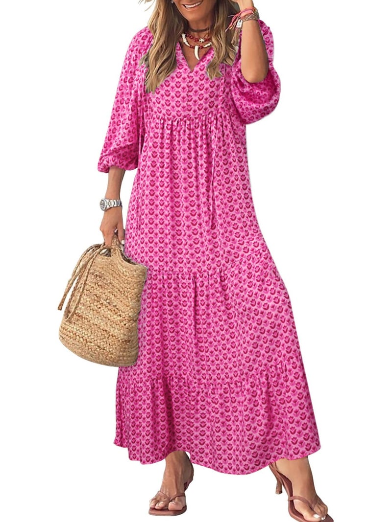 miduo Womens Dresses Beach Loose Autumn V Neck Short Half Sleeve Floral Pattern Bohemian Long Maxi Flowy Ankle Dresses L - Image 2