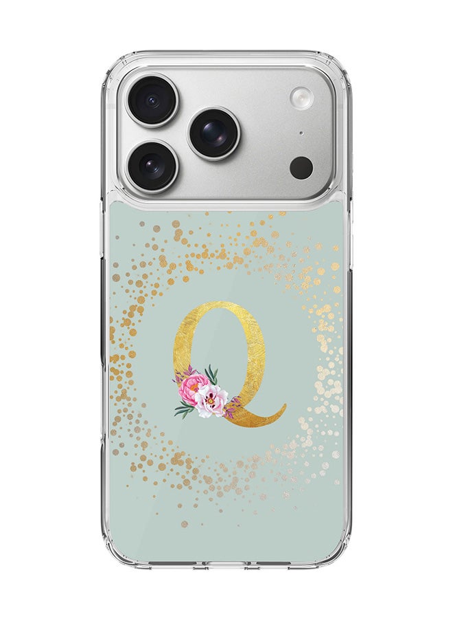 Stylizedd Classic Clear MagSafe Case for iPhone 17 Pro , Hybrid Soft Case Flexible Edges Anti Drop TPU PC Gel Thin Transparent Cover [ Designed for iPhone 17 Pro ] - Custom Monogram Initial Letter Floral Pattern Alphabet - Q  (Light Grey )