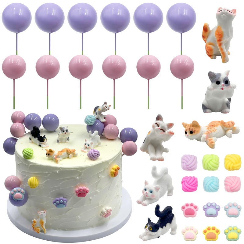 Firleayo Cat Cake Topper Cat Paw Cake Toppers Cat Cake Decorations Cats Themed Cupcake Decor Mini Cats Figurines Wool Ball Cake Toppers for Birthday Baby Shower Party - Image 1