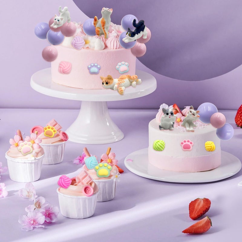 Firleayo Cat Cake Topper Cat Paw Cake Toppers Cat Cake Decorations Cats Themed Cupcake Decor Mini Cats Figurines Wool Ball Cake Toppers for Birthday Baby Shower Party - Image 3