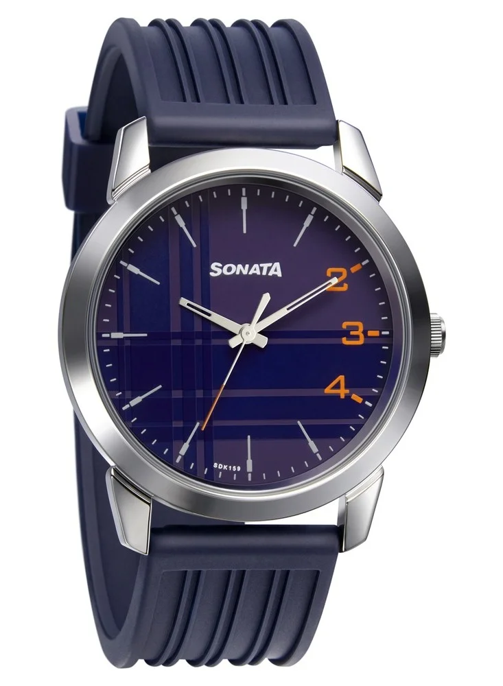 Sonata Round Shape Polyurethane Analog Wrist Watch 77107SP05 - 42 mm - Blue
