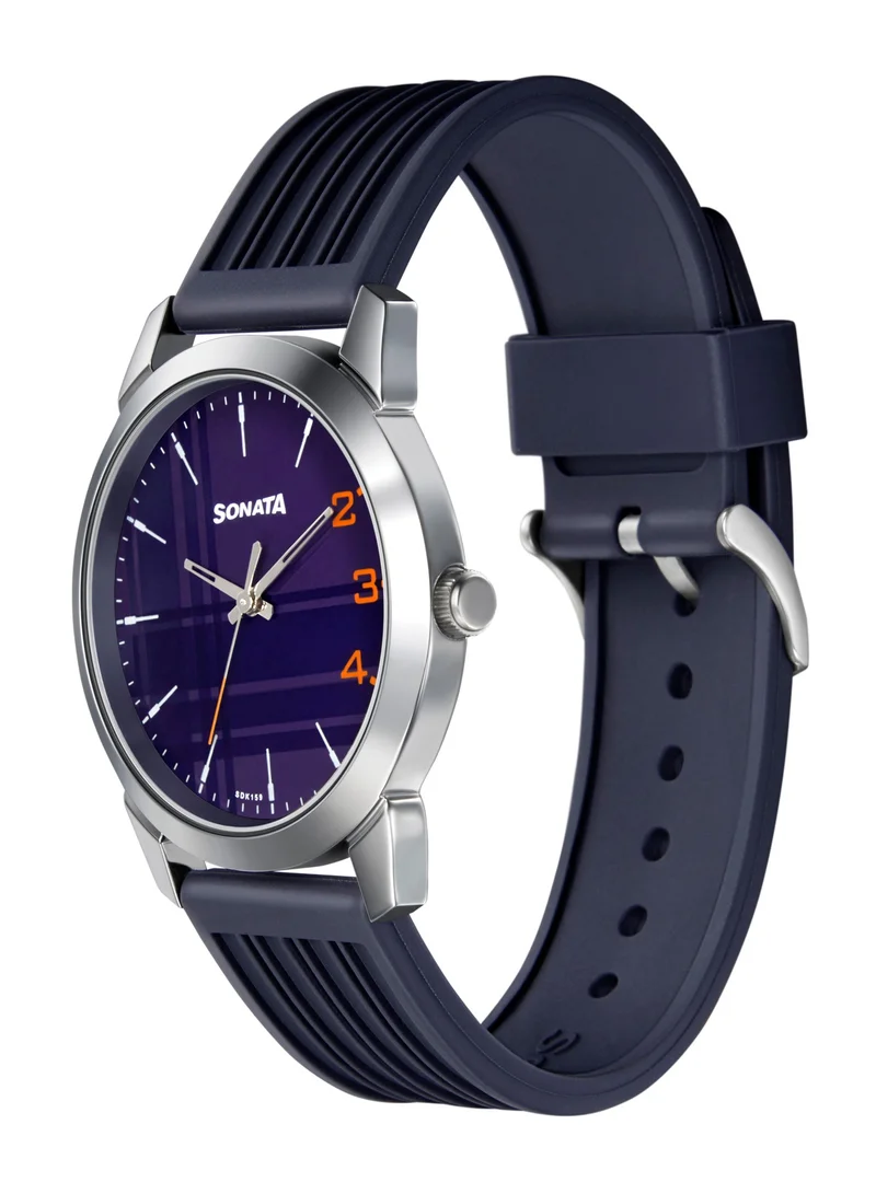 Sonata Round Shape Polyurethane Analog Wrist Watch 77107SP05 - 42 mm - Blue