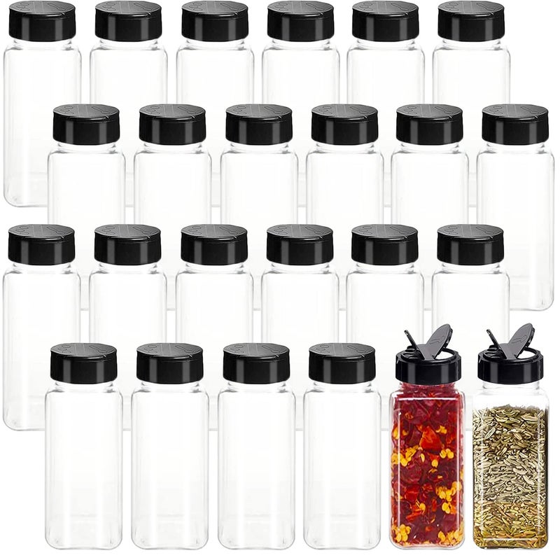 Tiaiidi 24 Pack 35 oz Square Plastic Spice JarsSeasoning Containers with Black Screw Lids to Pour or ShakeEmpty Storage Spice Containers for SpicePowdersPeppers