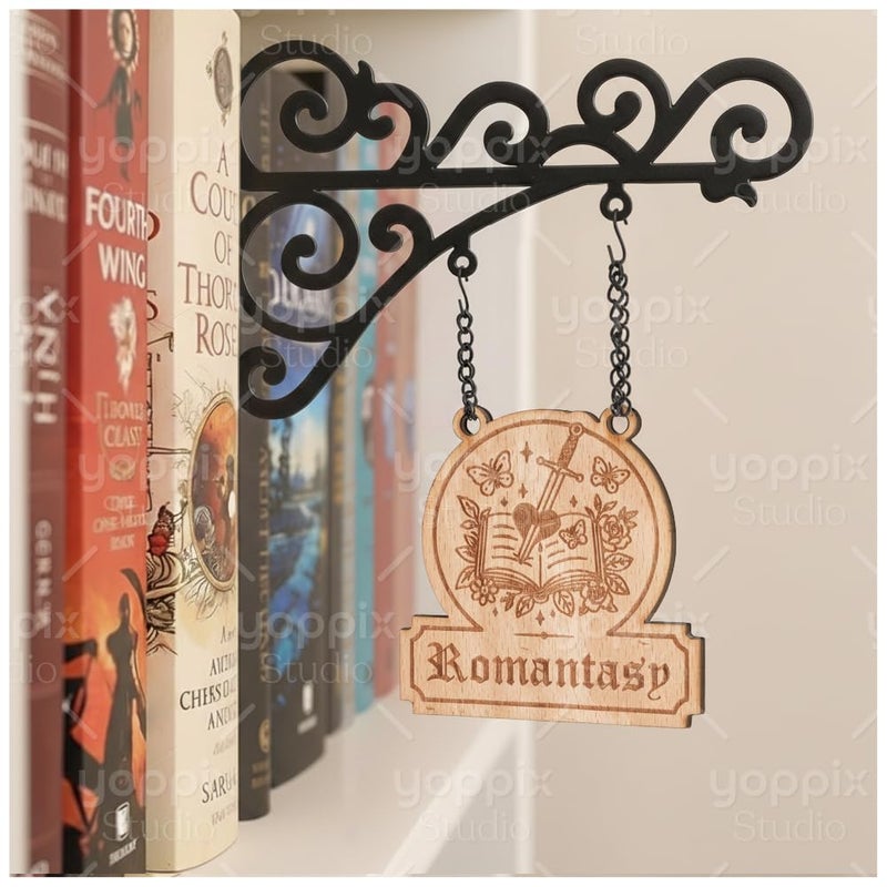 YOPPIX STUDIO YOPPIX Book Nook Tavern Signs - Medieval Shelf Decor with Hanging Brackets, Fantasy Romance Book Genre Dividers for Home Library, Bookshelf Organization and Reading Corner Decorations - Image 1
