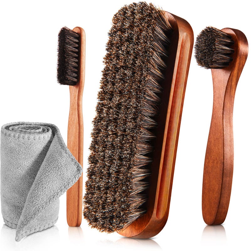 ZJoey 4 Pcs Horsehair Shine Shoes Brush Kit Polish Dauber Applicators Cleaning Leather Shoes Boots Care Brushes Suede Cleaner Brush with Microfiber Shoe Cloth(4 Pcs Style A)  - Image 1