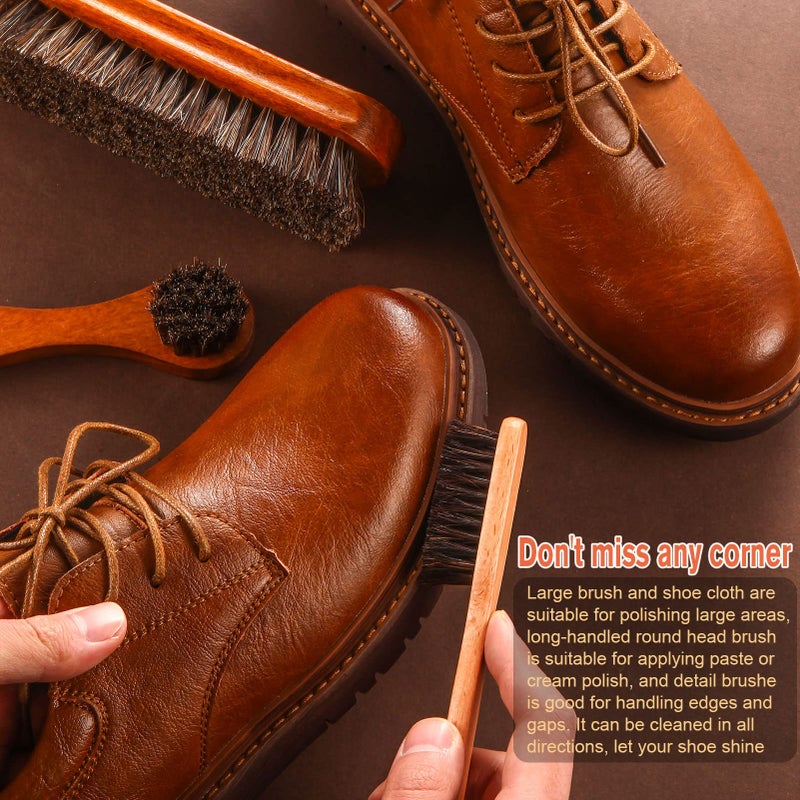 ZJoey 4 Pcs Horsehair Shine Shoes Brush Kit Polish Dauber Applicators Cleaning Leather Shoes Boots Care Brushes Suede Cleaner Brush with Microfiber Shoe Cloth(4 Pcs Style A)  - Image 4