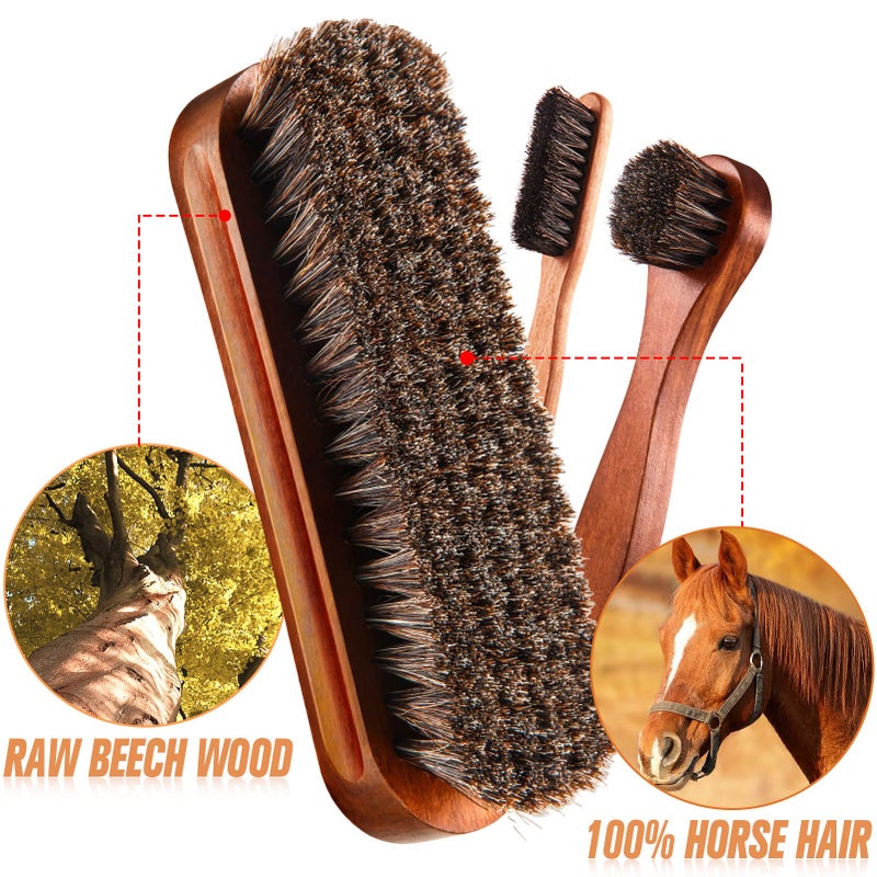 ZJoey 4 Pcs Horsehair Shine Shoes Brush Kit Polish Dauber Applicators Cleaning Leather Shoes Boots Care Brushes Suede Cleaner Brush with Microfiber Shoe Cloth(4 Pcs Style A)  - Image 2
