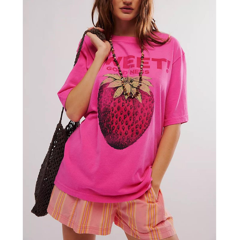KOSUSANILL Women Cute Graphic Oversized Tees Fish Lobster Sea Floral Fruit Printed Y2K Baggy T Shirts Teen Girls Preppy Coastal Clothes Vintage Aesthetic Free People Dup ES Clothes Strawberry Pink Red - Image 2