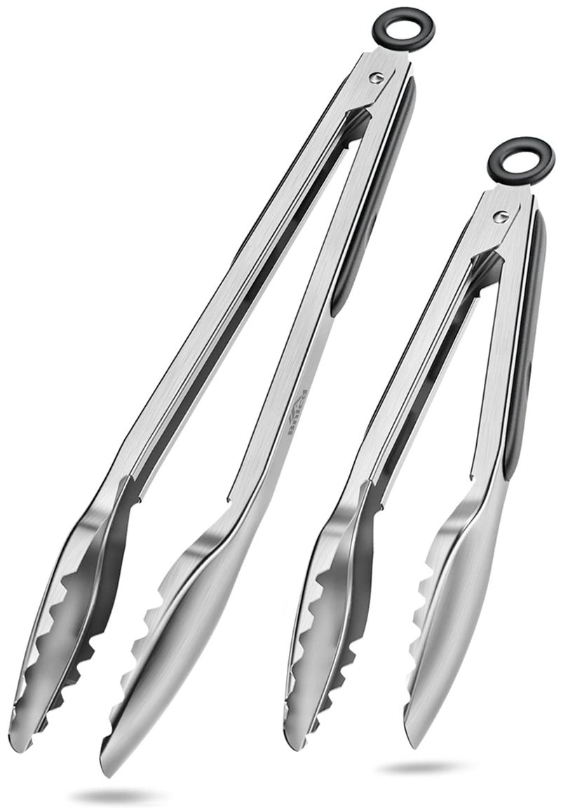 Bnlcd Cooking Tongs with Teeth, Premium Stainless Steel Kitchen Tongs Set of 2-9" and 12", Heavy Duty Locking Metal Food Tongs with Non-Slip Grip - Black - Image 1