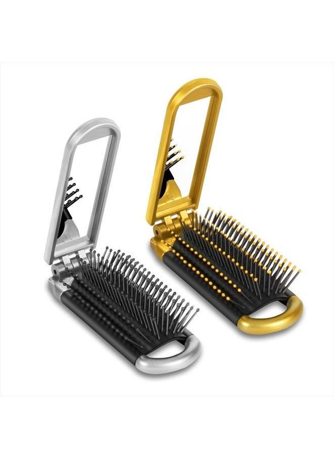 YUSONG - Yusong Mini Travel Hair Brush Set, Folding Hairbrush with Mirror For Women Girls Compact Pocket Size Comb For Purse, Gym, Trip, Swiming (2pcs, Gold&Silver) - Image 1