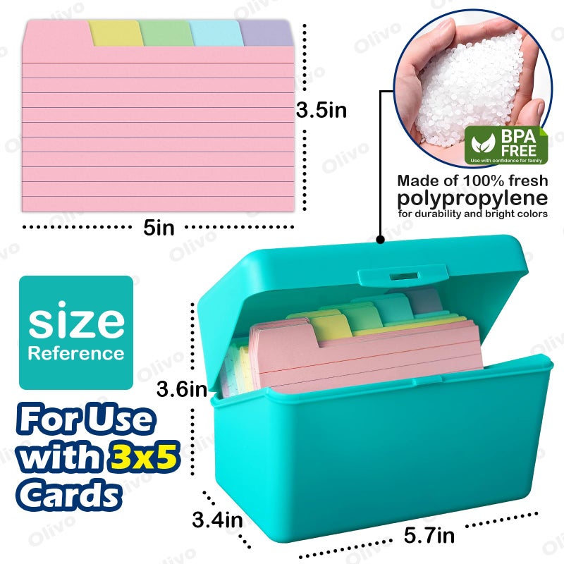 Olivo 3x5 Index Card Holder Box with 100 Cards Dividers Tabs 3"x 5", Teal - Image 4