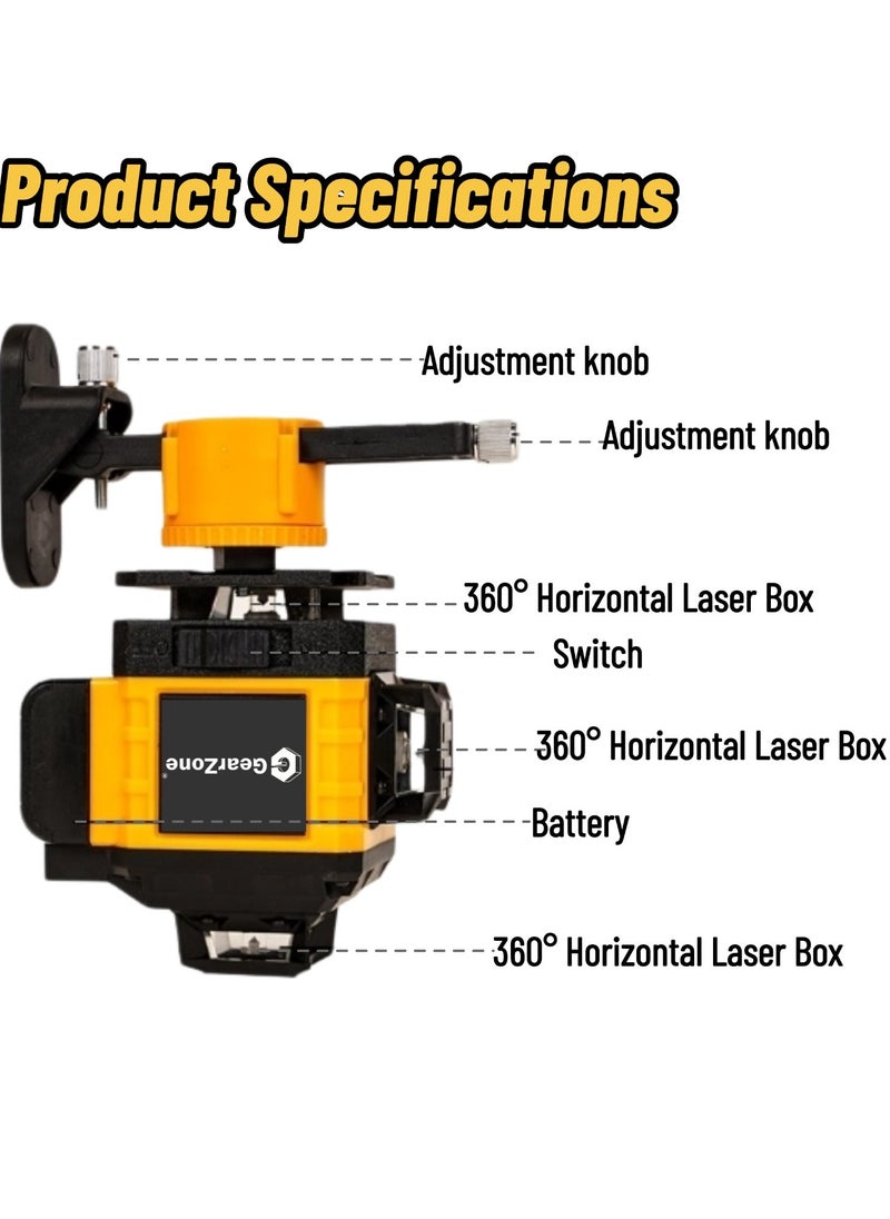 GearZone 16 Lines Laser 360 Level Self Leveling, 4x360° Professional 4D Green Cross Line laser Level for Construction and Picture Hanging with 2 Batteries,Magnetic Bracket & Remote Control-Orange