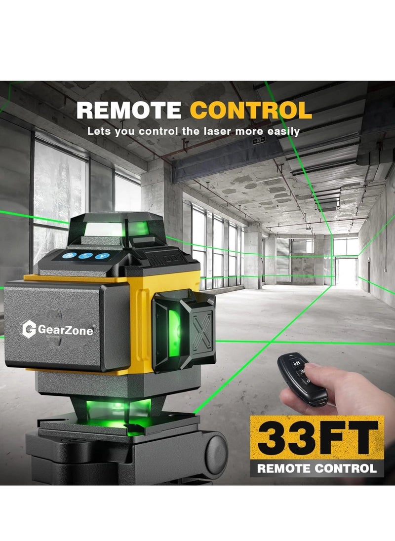GearZone 16 Lines Laser 360 Level Self Leveling, 4x360° Professional 4D Green Cross Line laser Level for Construction and Picture Hanging with 2 Batteries,Magnetic Bracket & Remote Control-Orange