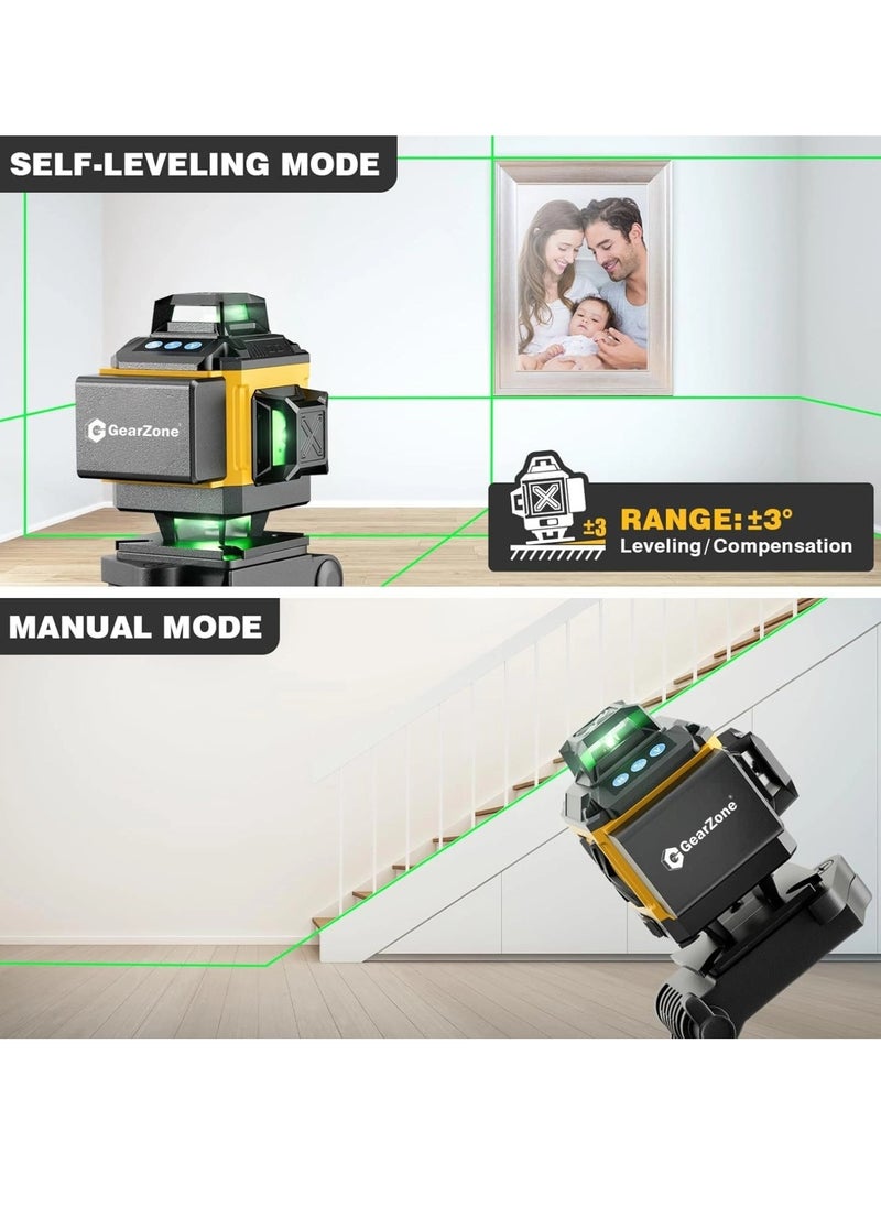 GearZone 16 Lines Laser 360 Level Self Leveling, 4x360° Professional 4D Green Cross Line laser Level for Construction and Picture Hanging with 2 Batteries,Magnetic Bracket & Remote Control-Orange