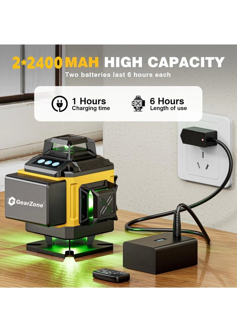GearZone 16 Lines Laser 360 Level Self Leveling, 4x360° Professional 4D Green Cross Line laser Level for Construction and Picture Hanging with 2 Batteries,Magnetic Bracket & Remote Control-Orange