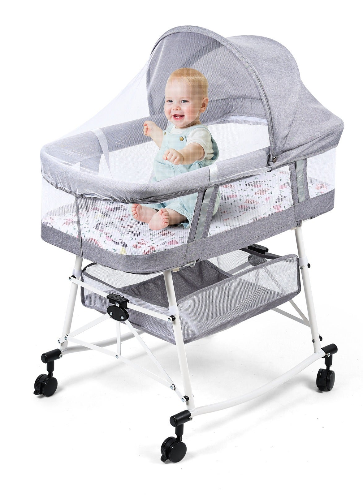 Baby Bassinet Portable 3-in-1 Baby Sleeper Rocking Cradle Bed Baby Sleeper Crib with Storage Basket Easy Moving Bassinet with Breathable Net Mattress
