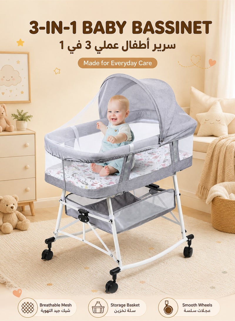 XiuWoo Baby Bassinet Portable 3-in-1 Baby Sleeper Rocking Cradle Bed Baby Sleeper Crib with Storage Basket Easy Moving Bassinet with Breathable Net Mattress - Image 1
