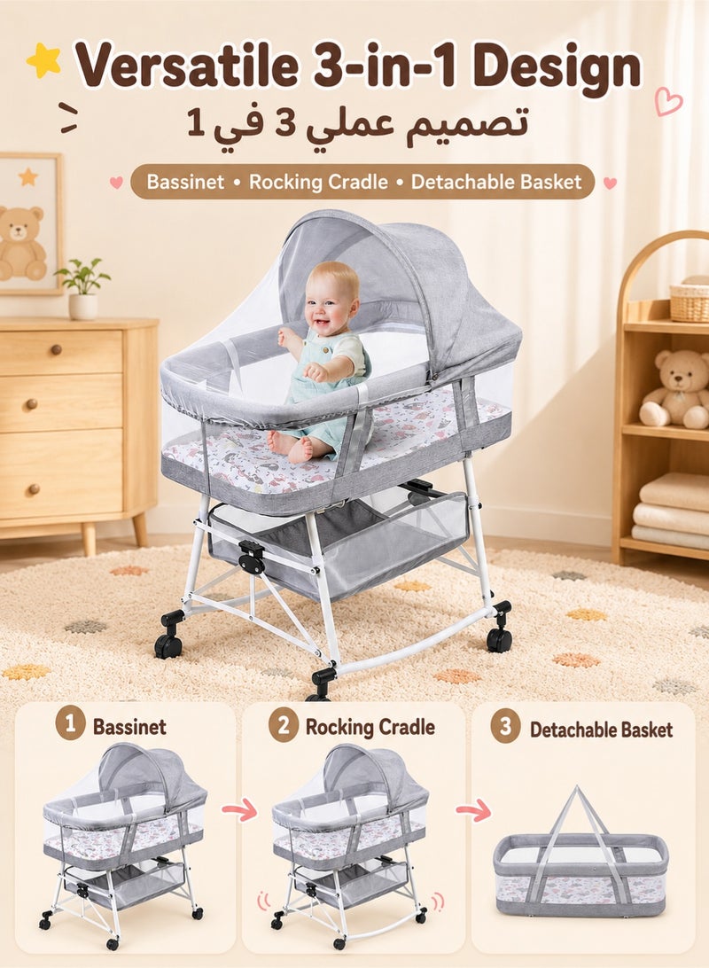 XiuWoo Baby Bassinet Portable 3-in-1 Baby Sleeper Rocking Cradle Bed Baby Sleeper Crib with Storage Basket Easy Moving Bassinet with Breathable Net Mattress - Image 3
